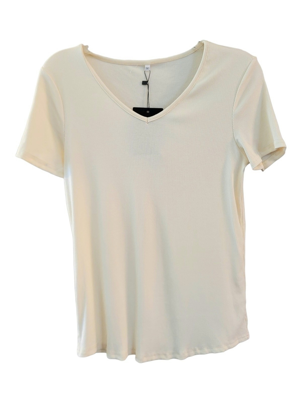 NWT Ficerd Everyday Ribbed V-Neck Short Sleeve Tee in Cream - Size M